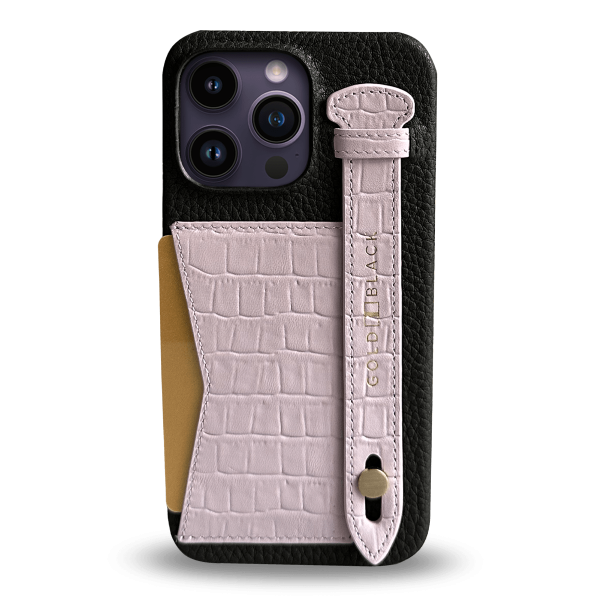 iPhone 14 Pro Max Slim Lederhülle Kroko-Prägung Lila mit Kartenetui und Schlaufe Online-Verkauf