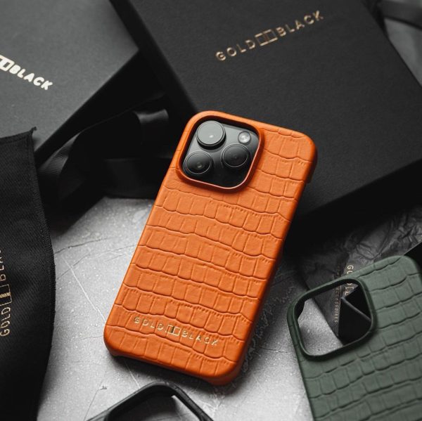 iPhone 14 Pro Slim Lederhülle Kroko-Prägung orange Mode – Bild 2